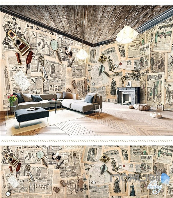 Retro English newspaper theme space entire room wallpaper wall ...