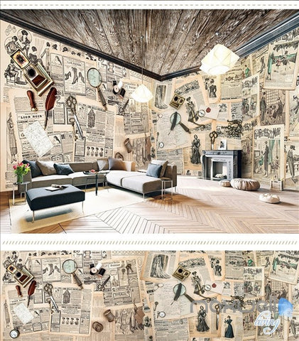 Image of Retro English newspaper theme space entire room wallpaper wall mural decal IDCQW-000025