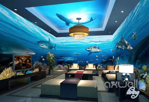 Image of 3D Undersea Shark View Entire Room Wallpaper Wall Murals Prints IDCQW-000116