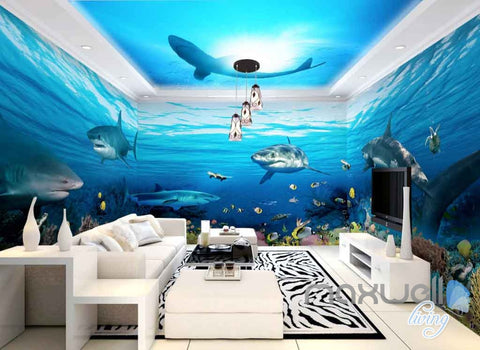 Image of 3D Undersea Shark View Entire Room Wallpaper Wall Murals Prints IDCQW-000116