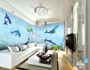 Watercolor Whale Dophin Blue Entire Room Wallpaper Wall Mural Art Prints IDCQW-000119