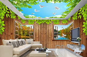 3D Wood Cabin Windsows River Entire Living Room Business Wallpaper Wall Mural Art IDCQW-000287