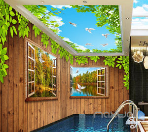 3D Wood Cabin Windsows River Entire Living Room Business Wallpaper Wall Mural Art IDCQW-000287