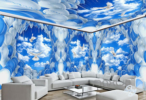 3D Pigeons White Blue Balloon Sky Entire Living Room Wallpaper Wall Mural Decal Art IDCQW-000302