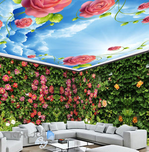 3D Roses Green Wall Entire Room Wall Murals Wallpaper Paper Decals Art Print Decor IDCQW-000333