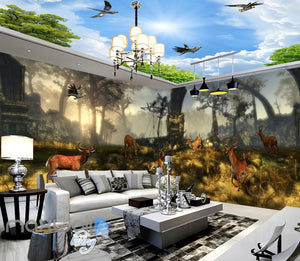 3D Wrecked Boat Deer Forest Wall Murals Wallpaper Paper Art Print Decor IDCQW-000375