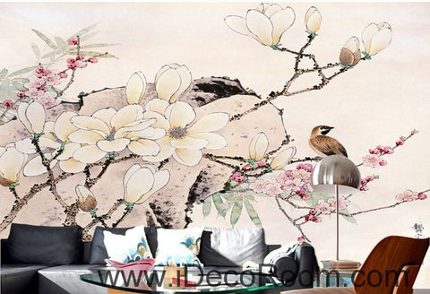 Image of Flower Blooming Birds Rock Japaness Style IDCWP-000055 Wallpaper Wall Decals Wall Art Print Mural Home Decor Gift