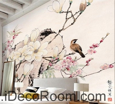 Image of Flower Blooming Birds Rock Japaness Style IDCWP-000055 Wallpaper Wall Decals Wall Art Print Mural Home Decor Gift