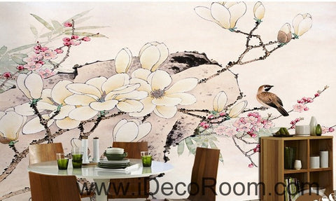 Image of Flower Blooming Birds Rock Japaness Style IDCWP-000055 Wallpaper Wall Decals Wall Art Print Mural Home Decor Gift