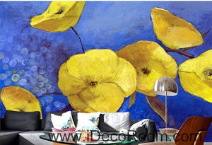 A fresh and fresh dream blue sky in full bloom yellow poppy oil painting effect wall art wall decor mural wallpaper wall  IDCWP-000124