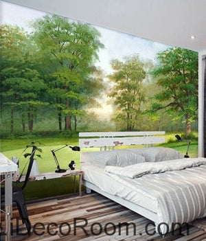 Beautiful dream fresh green lawn forest forest landscape oil painting effect wall art wall decor mural wallpaper wall  IDCWP-000125