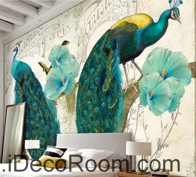 Image of Beautiful dream pattern blue peacock open screen poppy flower painting wall art wall decor mural wallpaper wall  IDCWP-000160