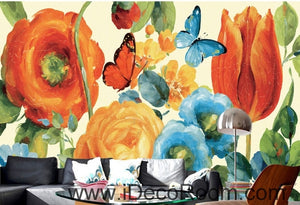 European style beautiful pastoral scenery blooming rose tulip butterfly wall art wall decor mural wallpaper wall  IDCWP-000167