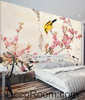 Retro beautiful pink cherry on the oriole magpie bird oil painting effect wall art wall decor mural wallpaper wall  IDCWP-000200