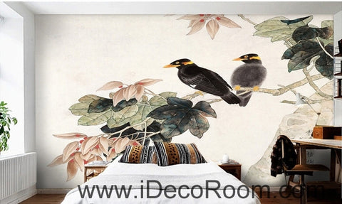 Image of Retro Begonia Flower Tree on a pair of bird magpie oil painting effect wall art wall decor mural wallpaper wall  IDCWP-000242