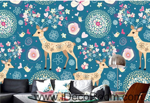 Cute cartoon blue background multicolored red horse deer heart animal oil painting effect wall art wall decor mural wallpaper wall  IDCWP-000244