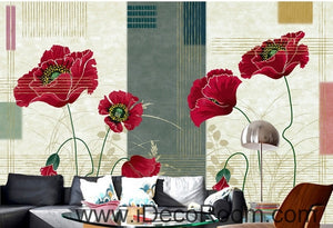 Small fresh striped pattern blooming Hongyan poppy flower painting wall art wall decor mural wallpaper wall  IDCWP-000261