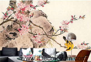 Retro pink cherry blossom on the branches of the oriole magpie oil painting effect wall art wall decor mural wallpaper wall  IDCWP-000273