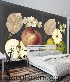 Retro Black Fruit Apple Pear Apple Flower Pear Flower oil painting effect wall art wall decor mural wallpaper wall  IDCWP-000276