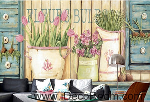 Small fresh pastoral scenery pink tulip vase still life wall art wall decor mural wallpaper wall  IDCWP-000279