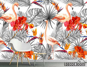 Nordic flamingo banana leaf plant wallpaper wall murals IDCWP-HL-000017