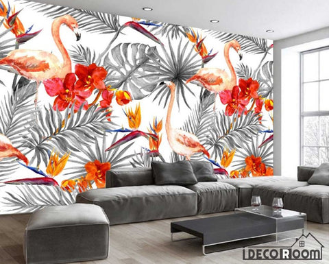 Image of Nordic flamingo banana leaf plant wallpaper wall murals IDCWP-HL-000017