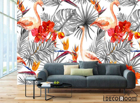 Image of Nordic flamingo banana leaf plant wallpaper wall murals IDCWP-HL-000017