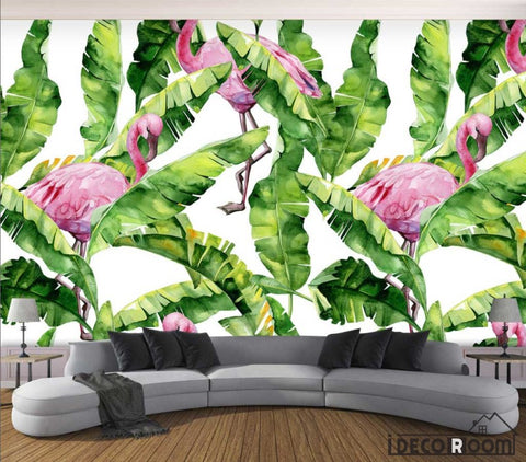 Image of Nordic watercolor banana leaf flamingo  wallpaper wall murals IDCWP-HL-000069