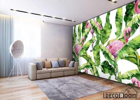 Image of Nordic watercolor banana leaf flamingo  wallpaper wall murals IDCWP-HL-000069