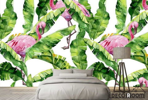 Image of Nordic watercolor banana leaf flamingo  wallpaper wall murals IDCWP-HL-000069