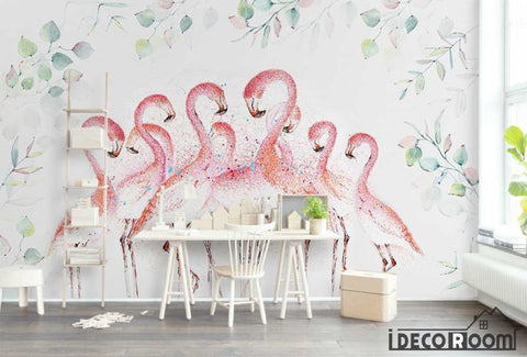 Image of Pink medieval line flamingo plant wallpaper wall murals IDCWP-HL-000073