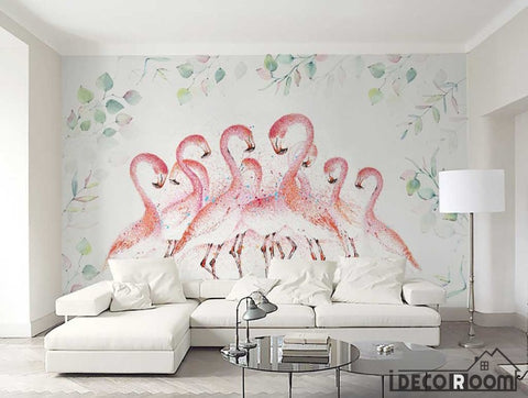 Image of Pink medieval line flamingo plant wallpaper wall murals IDCWP-HL-000073