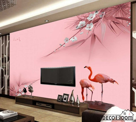 Image of pink flamingo plant wallpaper wall murals IDCWP-HL-000075