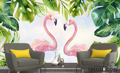 Image of Nordic plant green leaf flamingo  wallpaper wall murals IDCWP-HL-000117