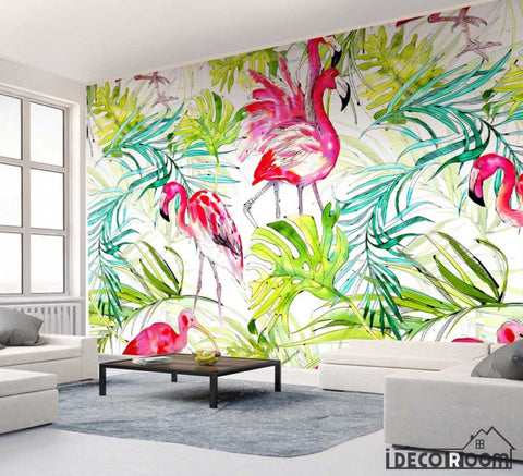 Image of creative tropical rainforest plant flamingo wallpaper wall murals IDCWP-HL-000150