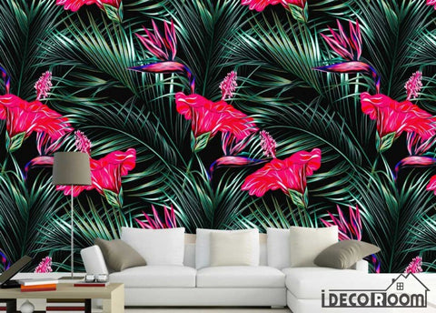 Image of illustration tropical plant flamingo wallpaper wall murals IDCWP-HL-000162