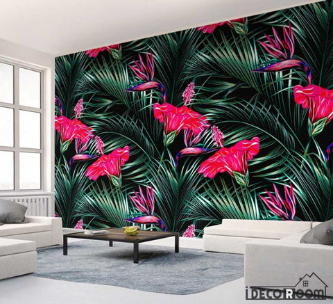 Image of illustration tropical plant flamingo wallpaper wall murals IDCWP-HL-000162