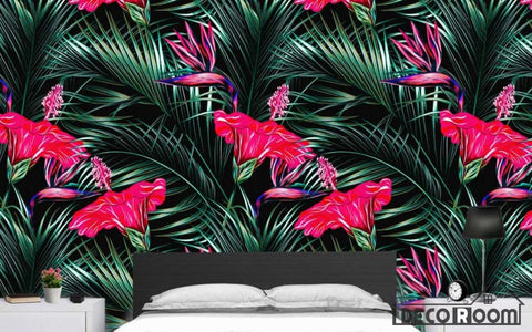 Image of illustration tropical plant flamingo wallpaper wall murals IDCWP-HL-000162