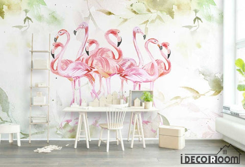 Image of Pink medieval flamingo watercolor plant wallpaper wall murals IDCWP-HL-000166