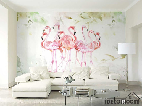 Image of Pink medieval flamingo watercolor plant wallpaper wall murals IDCWP-HL-000166