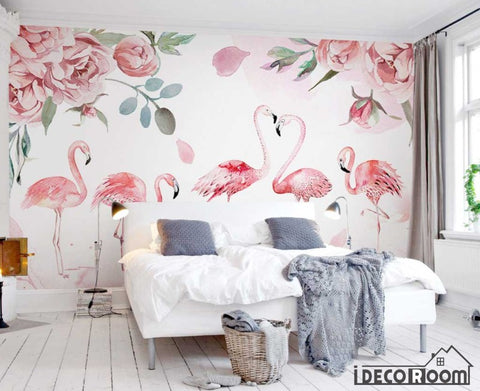 Image of Pink medieval flamingo watercolor rose flower wallpaper wall murals IDCWP-HL-000167