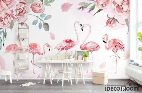 Image of Pink medieval flamingo watercolor rose flower wallpaper wall murals IDCWP-HL-000167