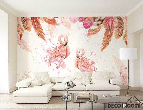 Image of Medieval  flamingo pink watercolor feather wallpaper wall murals IDCWP-HL-000168