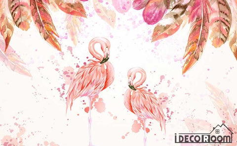 Image of Medieval  flamingo pink watercolor feather wallpaper wall murals IDCWP-HL-000168