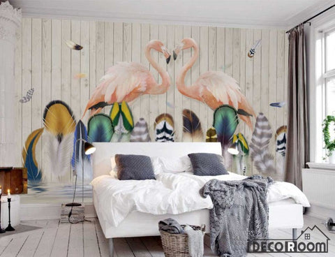 Image of Nordic  feather flamingo wallpaper wall murals IDCWP-HL-000174