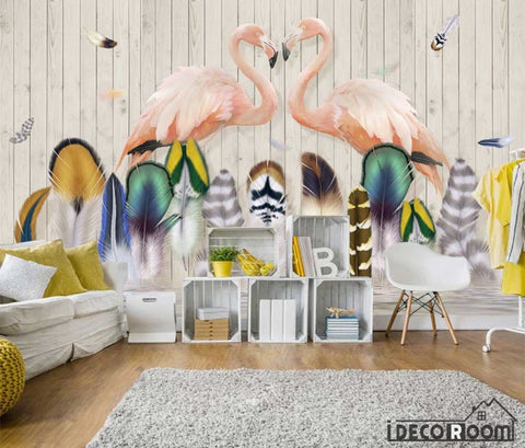 Image of Nordic  feather flamingo wallpaper wall murals IDCWP-HL-000174