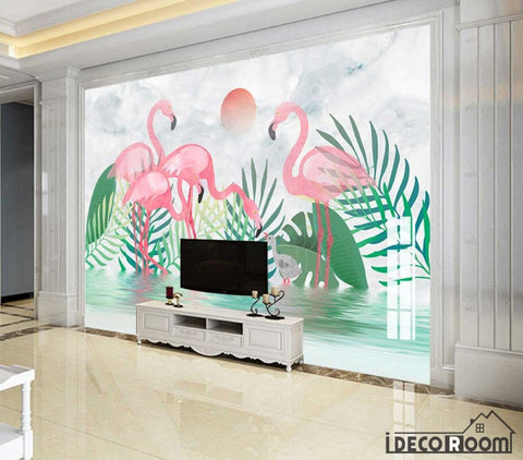 Image of Nordic flamingo tropical plant marble wallpaper wall murals IDCWP-HL-000185