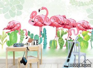 Nordic  cactus flamingo bedroom wallpaper wall murals IDCWP-HL-000196