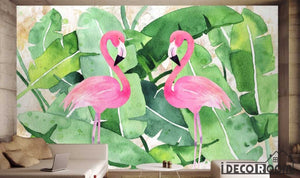 Nordic plantain green leaf flamingo  wallpaper wall murals IDCWP-HL-000220