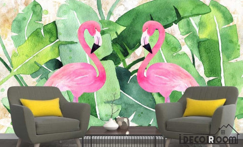 Image of Nordic plantain green leaf flamingo  wallpaper wall murals IDCWP-HL-000220